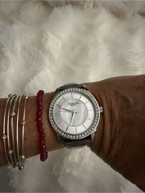 Kenneth Cole Silver Crystal-Trim Women's Watch with Red Bead Bracelet